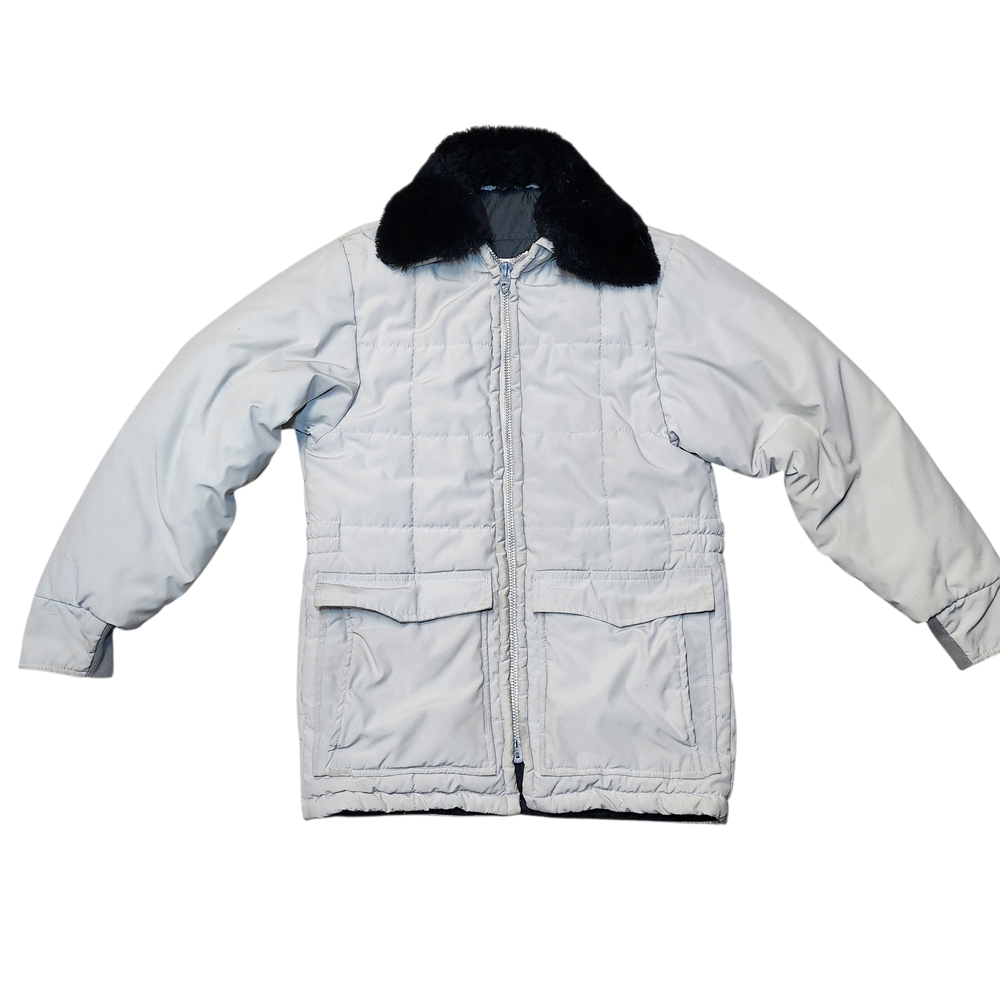 80s Vintage Made In Canada Men's White Puffer Jacket with Black Collar Nice Fit